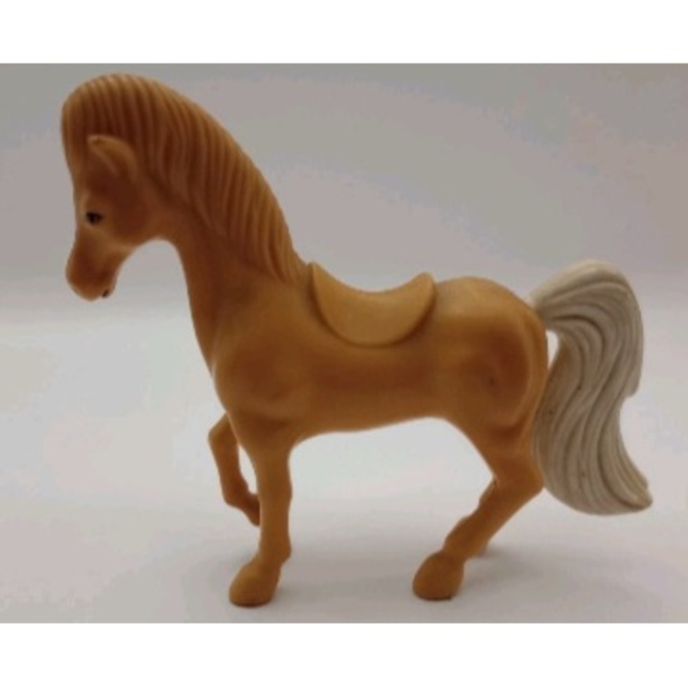 Vintage Tan Plastic Horse Figurine with White Tail and Saddle 4.5 Inch